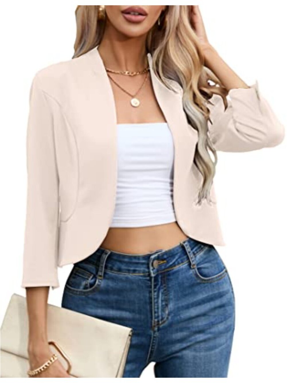 Womens Cropped Blazer 3/4 Sleeve Open Front Cardigan Work Jacket Shrug